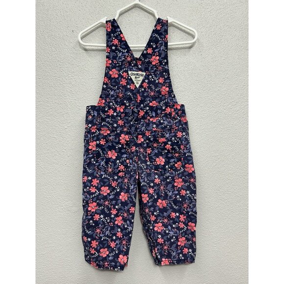 OshKosh B’Gosh Floral Bib Overalls Navy Pink Girls 9 Month Cotton Country - Picture 2 of 8